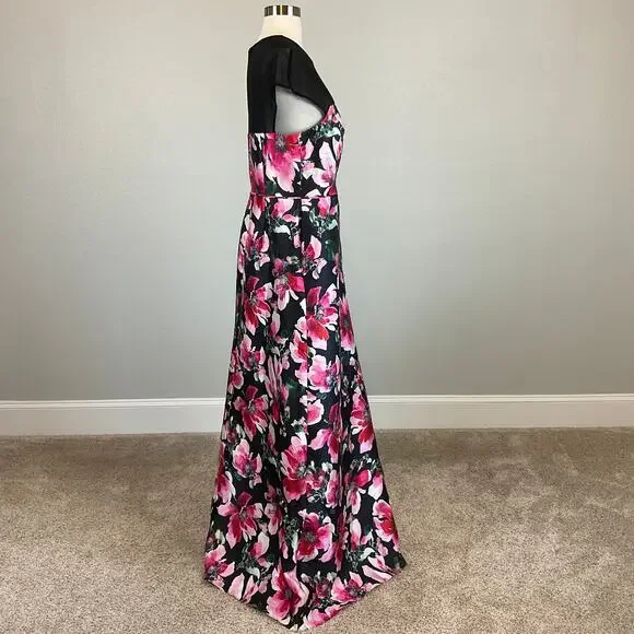 Adrianna Papell Floral Print A-Line Evening Gown Black and Pink Size 8 Dress - Picture 4 of 10